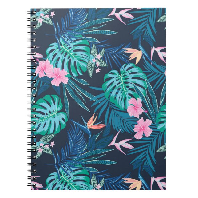 Cuaderno Patrón de jardín de flores tropical azul (Frente)