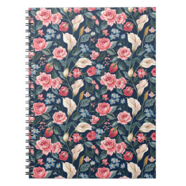 Cuaderno Patrón de jardín floral azul marino romántico