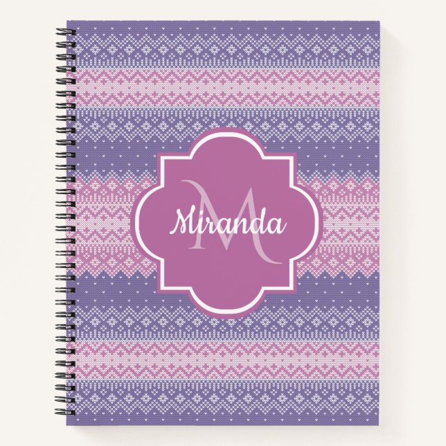 Cuaderno Patrón de Knit morado con monograma y nombre (Anverso)