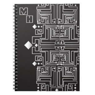 Cuaderno Patrón de laberinto negro y blanco monogramado