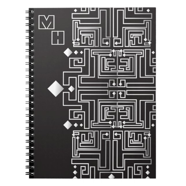 Cuaderno Patrón de laberinto negro y blanco monogramado (Frente)