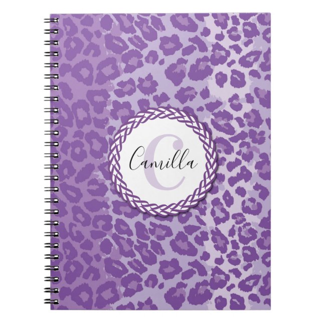 Cuaderno Patrón de leopardo púrpura con monograma y nombre  (Frente)