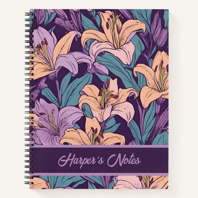 Cuaderno Patrón de Lily rosa morado floral personalizado (Anverso)