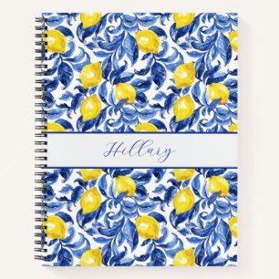 Cuaderno Patrón de limón de acuarela azul con monograma de 