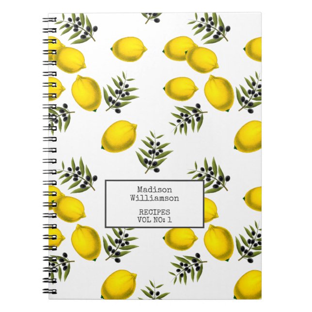 Cuaderno Patrón de limón y oliva de recetas personalizadas (Frente)