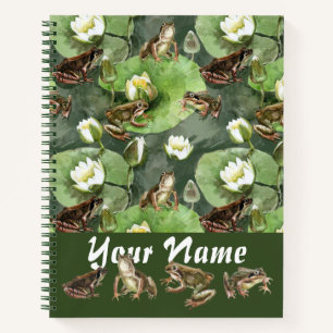 Cuaderno Patrón de lirios de agua verde y blanca de ranas