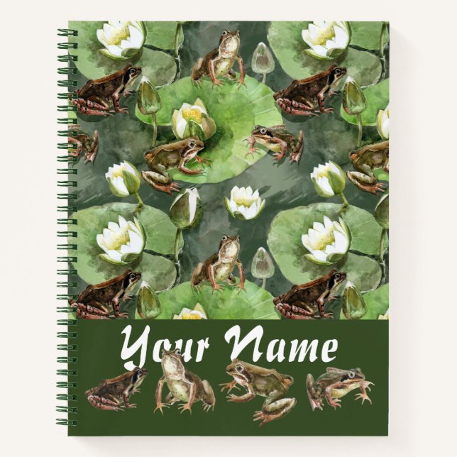 Cuaderno Patrón de lirios de agua verde y blanca de ranas (Anverso)
