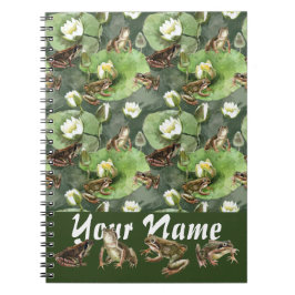 Cuaderno Patrón de lirios de agua verde y blanca de ranas 