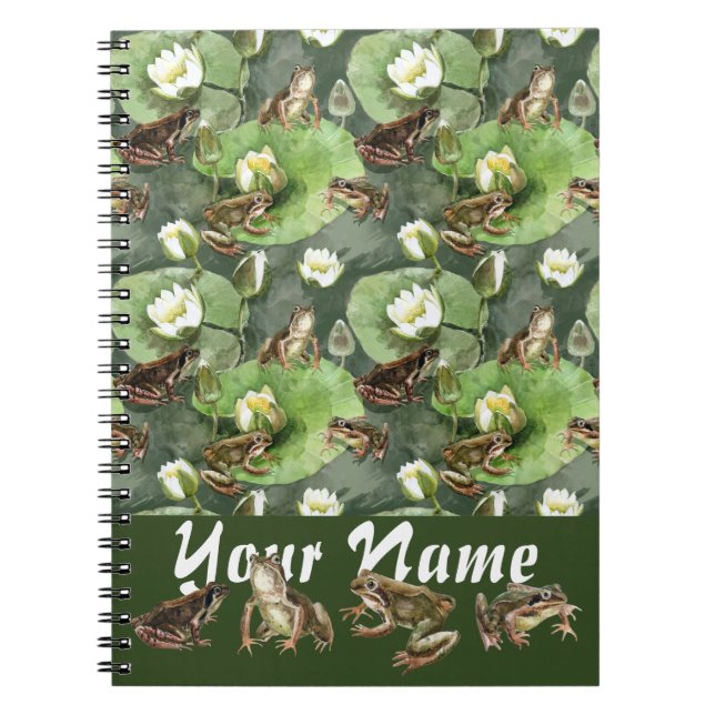Cuaderno Patrón de lirios de agua verde y blanca de ranas  (Frente)
