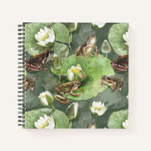 Cuaderno Patrón de lirios de agua verde y blanca de ranas