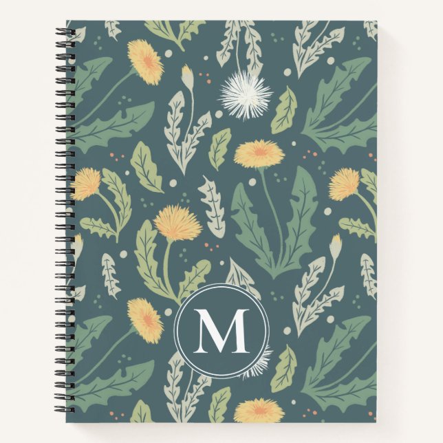 Cuaderno Patrón de maleza floral y monograma de Dandelion (Anverso)