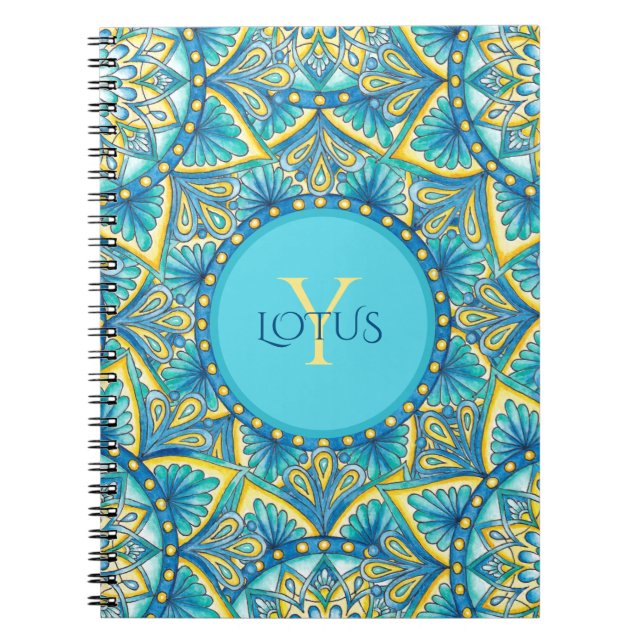 Cuaderno Patrón de Mandala azul turquesa azul monograma (Frente)