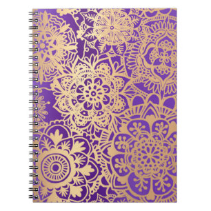 Cuaderno Patrón de Mandala con flores moradas y doradas