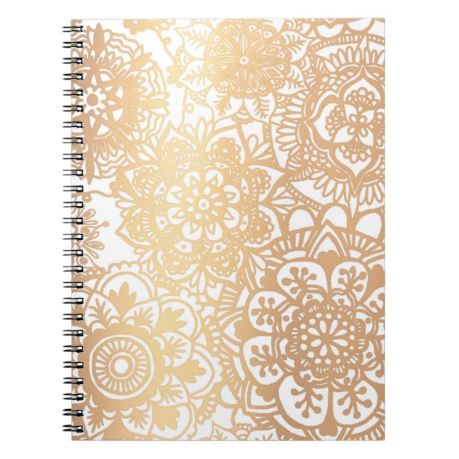 Cuaderno Patrón de Mandala dorada y floral blanca (Frente)
