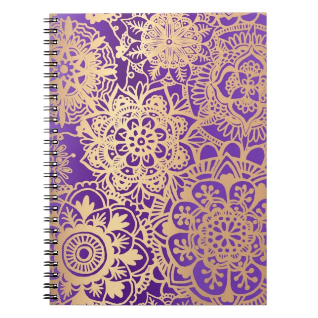 Cuaderno Patrón de Mandala floral morado y dorado (Frente)