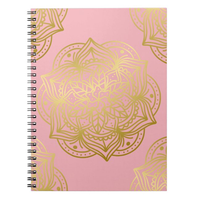 Cuaderno Patrón de Mandala rosa claro y dorado (Frente)