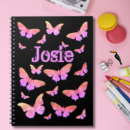 Cuaderno Patrón de mariposa agregar nombre rosado y negro