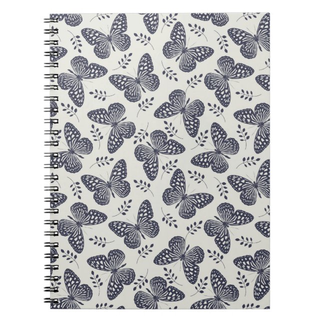Cuaderno Patrón de mariposa azul oscuro sobre fondo gris (Frente)