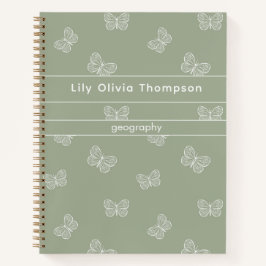 Cuaderno Patrón de mariposa boho, nombre de colegiala, verd