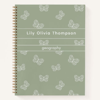Cuaderno Patrón de mariposa boho, nombre de colegiala, verd
