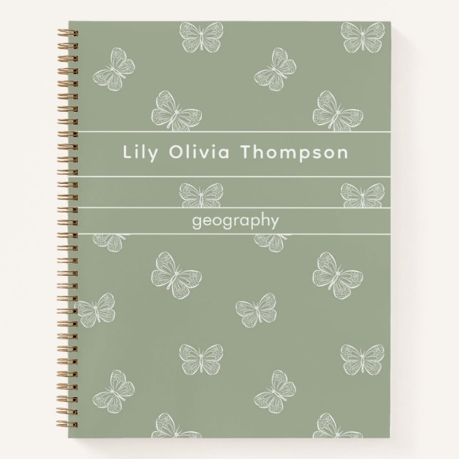 Cuaderno Patrón de mariposa boho, nombre de colegiala, verd (Anverso)