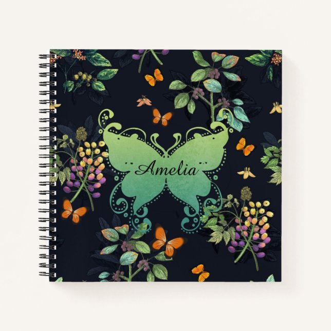 Cuaderno Patrón de mariposa floral oscuro personalizado de  (Anverso)