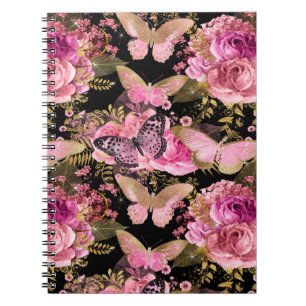 Cuaderno Patrón de mariposa floral rosa y Relieve metalizad