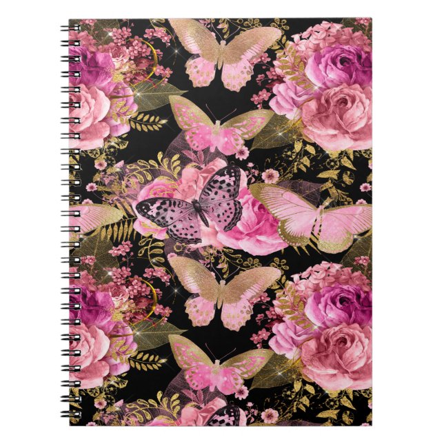 Cuaderno Patrón de mariposa floral rosa y Relieve metalizad (Frente)