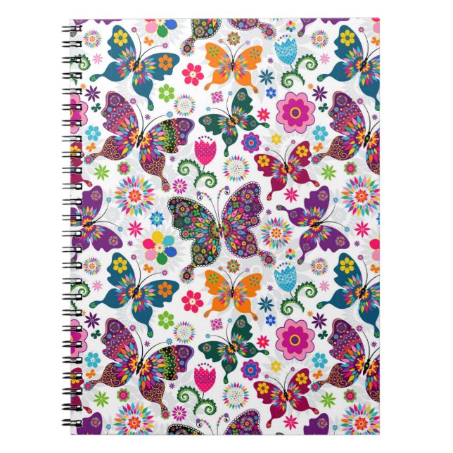 Cuaderno Patrón de mariposa y flores retro coloridas (Frente)