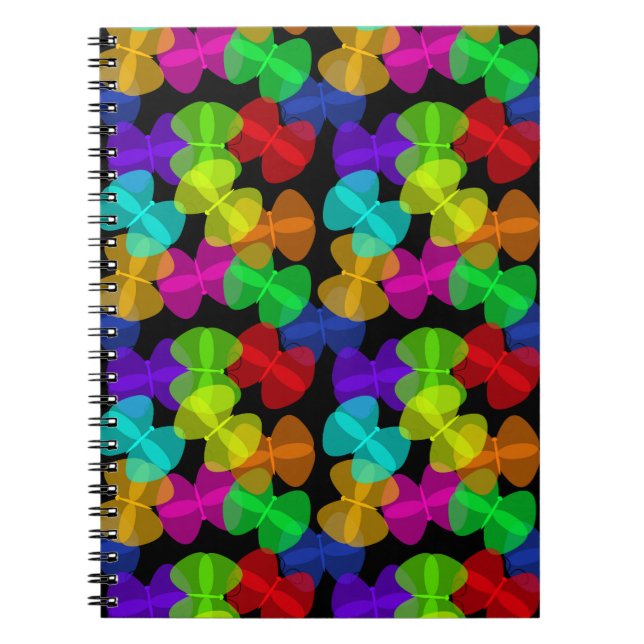 Cuaderno Patrón de mariposas coloridas sobre fondo negro (Frente)