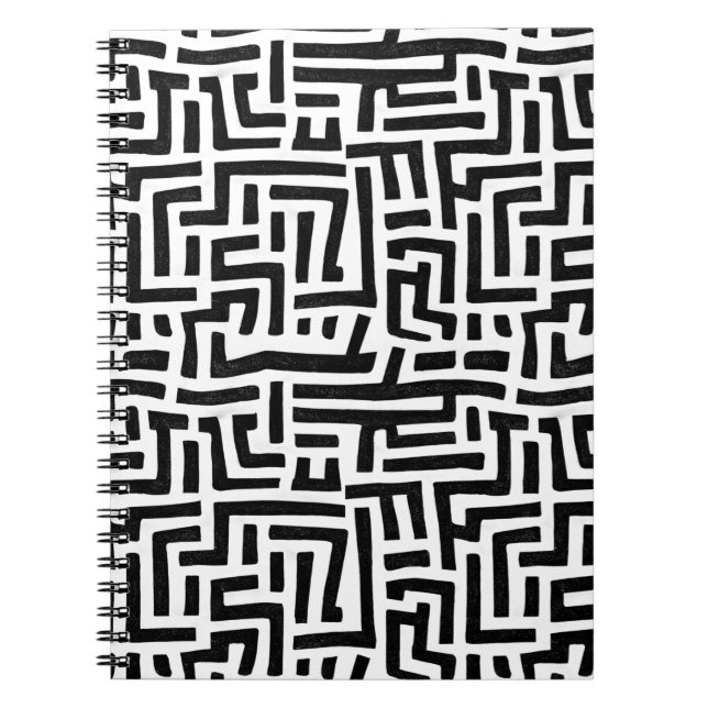 Cuaderno Patrón de Maze de arte pop negro y blanco (Frente)