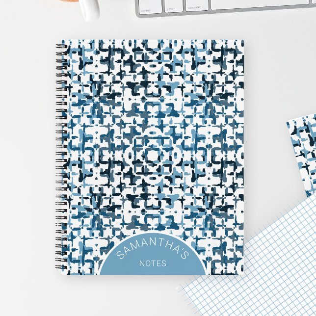 Cuaderno Patrón de Moda azul moderno Nombre personalizado s (Blue Modern Chic Pattern Personalized Name Simple Notebook)