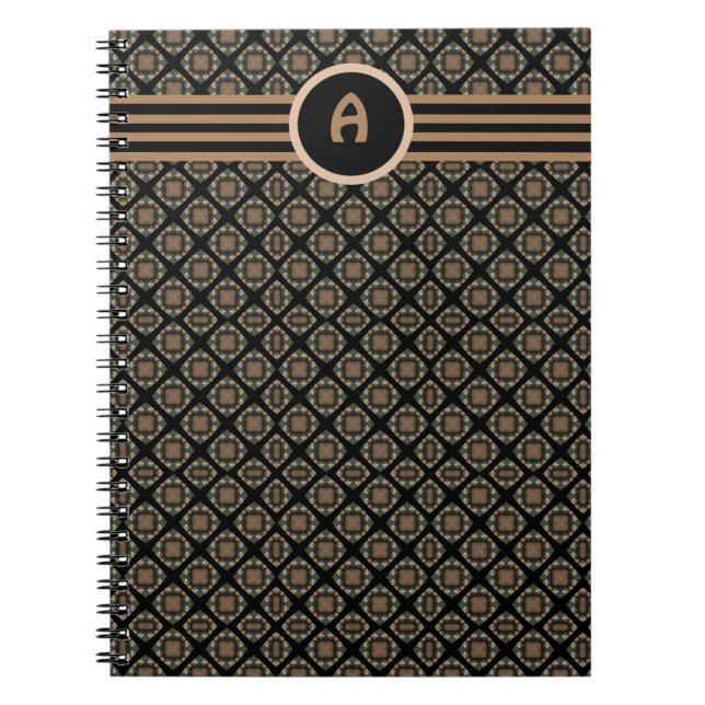 Cuaderno Patrón de Monograma Clásico Negro y Oro Moderno (Frente)