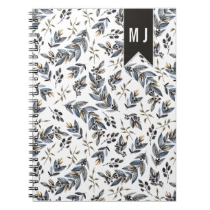 Cuaderno Patrón de Monograma de Bayas Hojas Negras  
