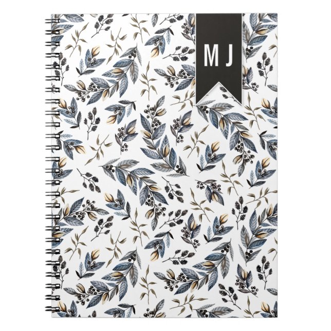 Cuaderno Patrón de Monograma de Bayas Hojas Negras | (Frente)