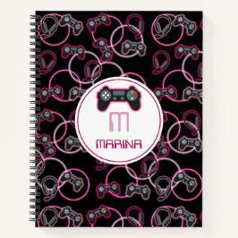 Cuaderno Patrón de monograma de niñas de rosa neón de video