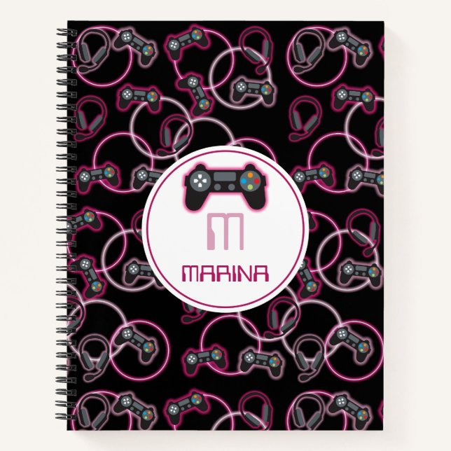 Cuaderno Patrón de monograma de niñas rosa neón de videojue (Anverso)
