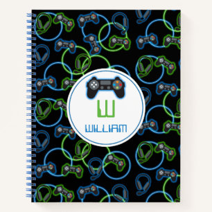 Cuaderno Patrón de monograma de videojuego azul y verde neó