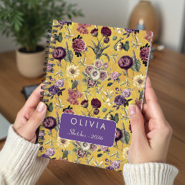 Cuaderno Patrón de monograma floral amarillo vintage