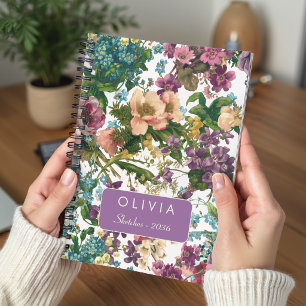 Cuaderno Patrón de monograma floral morado vintage