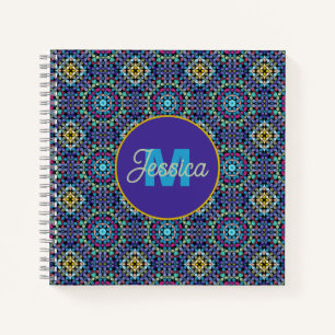 Cuaderno Patrón de mosaico geométrico azul ornamentado pers