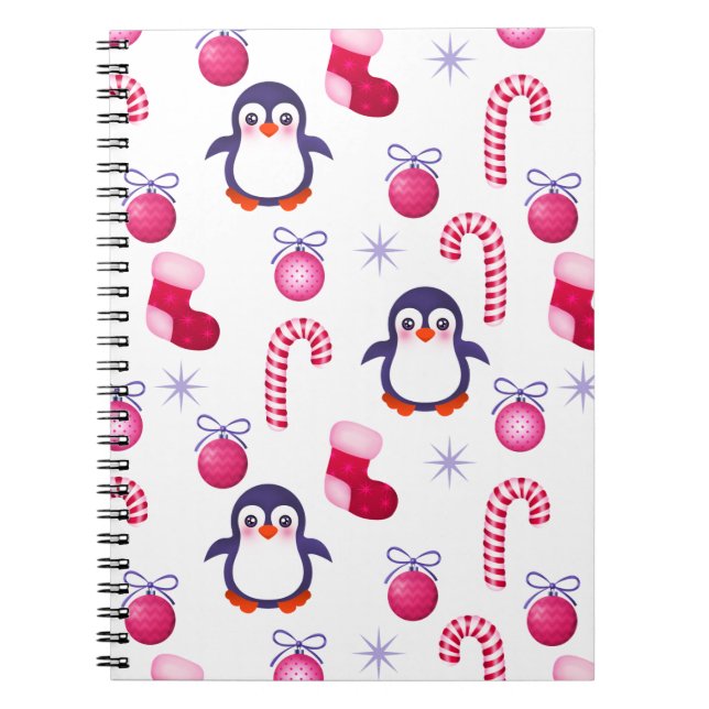 Cuaderno Patrón de Navidades blancos y rosados con pingüino (Frente)