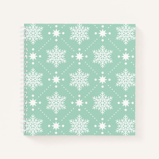 Cuaderno Patrón de Navidades de copos de nieve blanco verde (Anverso)