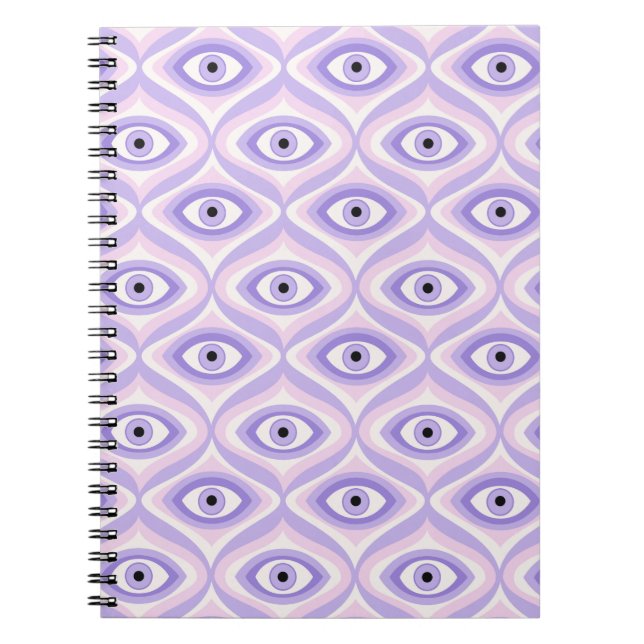 Cuaderno Patrón de ojos trippy raros - Púrpura pastel y ros (Frente)