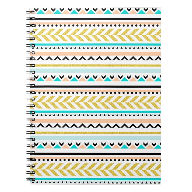 Cuaderno Patrón de oro, coral, blanco, Aqua, azteca negro (Frente)
