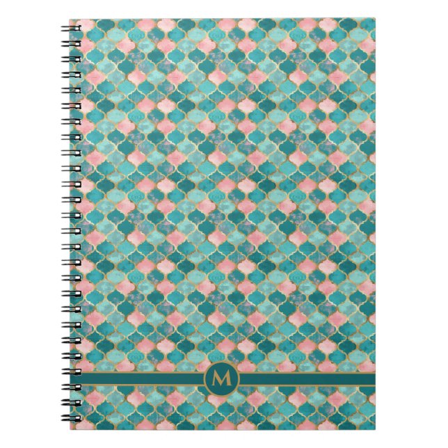 Cuaderno Patrón de oro turquesa rosa elegante personalizado (Frente)