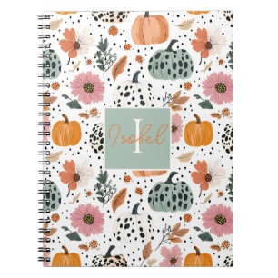 Cuaderno Patrón de Otoño Personalizado de Calabaza y Flores
