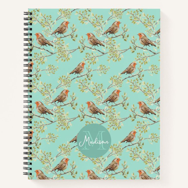 Cuaderno Patrón de pájaro Robin europeo pintado de época (Anverso)