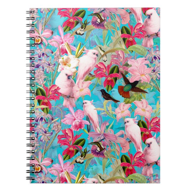 Cuaderno Patrón De Pájaro Tropical Rosa Y Flor Orquídea (Frente)