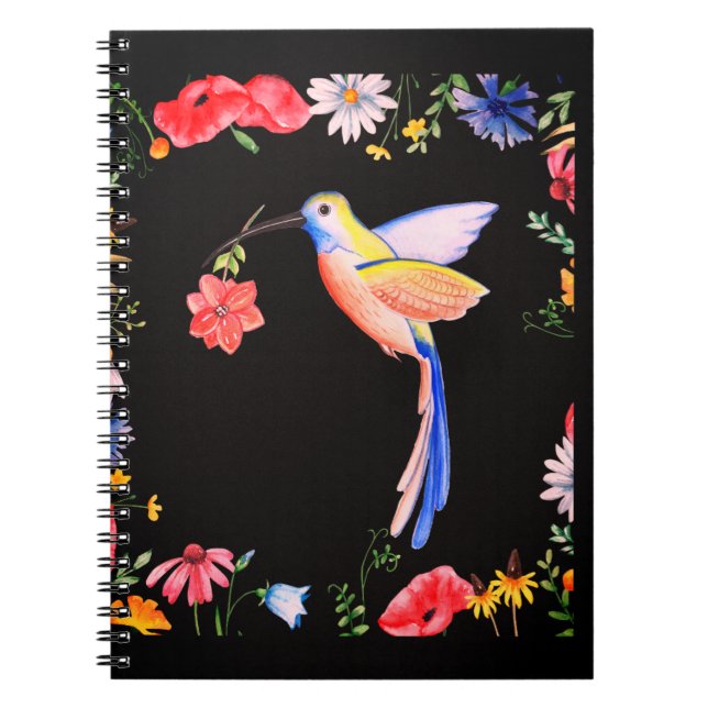 Cuaderno Patrón de pájaro y flores, fondo de flores, (Frente)
